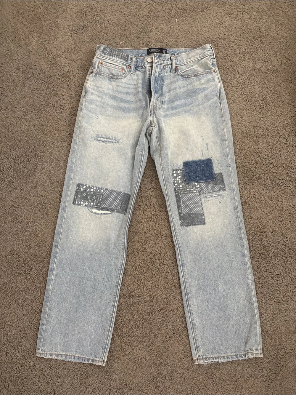 Abercrombie & Fitch Light Blue Patchwork Relaxed Jeans